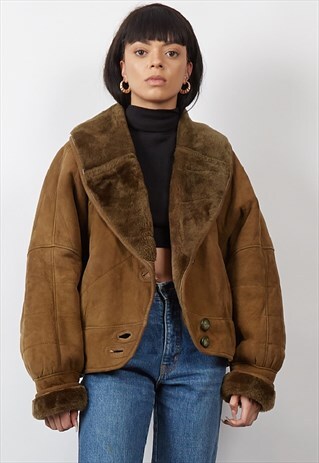 VINTAGE 80'S KHAKI CROPPED SHEARLING JACKET