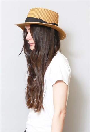 VINTAGE 1970'S STYLE BROWN AND BLACK STRAW FEDORA