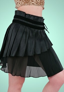 Y2K Black Midi Skirt Asymmetric Tulle Layers Pleated Fairy
