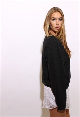VINTAGE 1980'S 80'S CHARCOAL GRAY WOOL JUMPER V NECK M-L