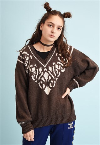 80'S RETRO ABSTRACT PATTERN WOOL KNIT JUMPER