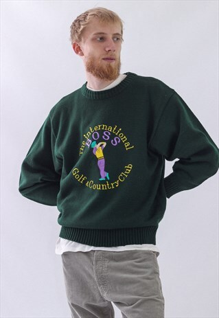 VINTAGE MENS HUGO BOSS GOLF BIG LOGO KNIT JUMPER SWEATER