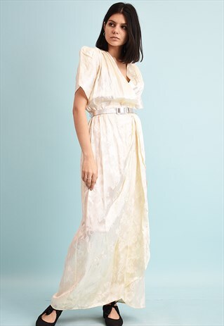 80'S RETRO FLORAL PRINT FESTIVE SHIMMER WRAPPED MAXI DRESS