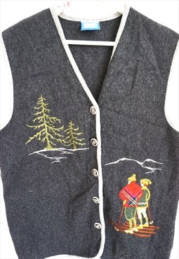 Vintage 90s Wool Vest Gray Skiing Couple