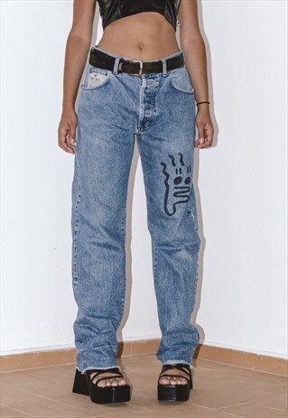 Vintage Upcycled Printed Baggy Jeans for Women