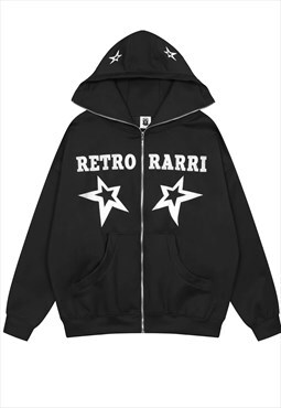 Retro hood star patch top long zip pullover in vintage black