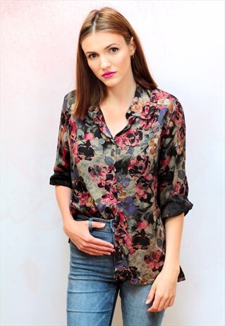 1990S VINTAGE PINK ROSE PATTERNED VISCOSE SHIRT