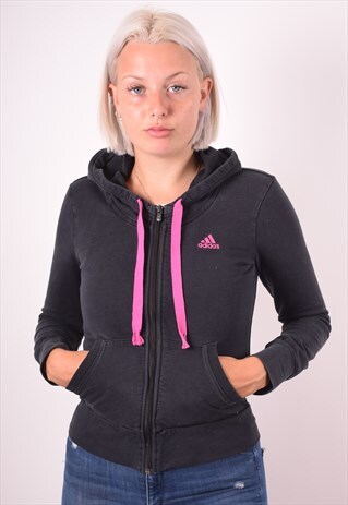 ADIDAS WOMENS VINTAGE HOODIE JACKET SMALL BLACK 90S