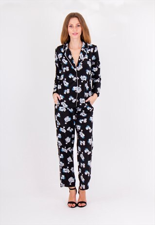 BLACK COLLARED PLUNGE V NECK FLORAL PRINT LONG SLEEVES TOP