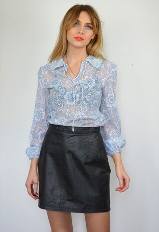 VINTAGE 90S PASTEL BLUE & WHITE FLORAL SHEER BLOUSE