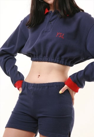 VINTAGE REWORK YSL SAINT LAURENT CROP TOP SHORTS SUIT RW43