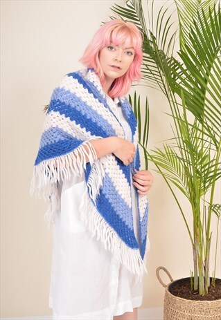 Y2K CROCHET KNIT HIPPY BOHO SUMMER PICNIC SHAWL BLUE