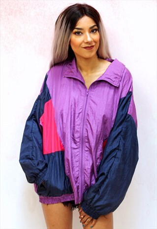 1980S VINTAGE PURPLE AND RED OVERSIZED SHELL TRACK JACKET