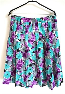 Vintage Plated Skirts Midi Blue High waist Floral Flowers