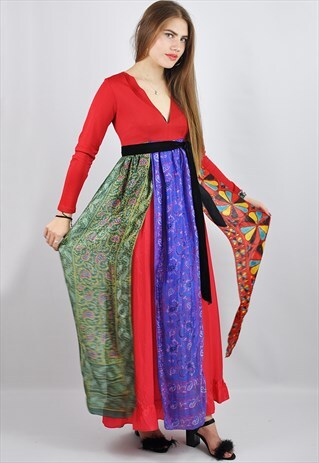 VINTAGE 70'S BOHO SILK SCARF STATEMENT PROM MAXI DRESS