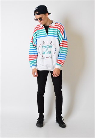 VINTAGE 80S COLOURFUL STRIPED 1/4 ZIPPER SWEATSHIRT