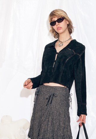 Vintage Y2K Leather Blazer Jacket in Crochet Black Suede