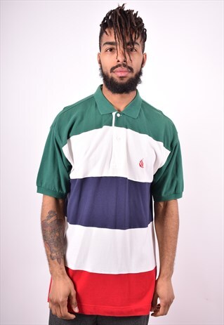 NAUTICA MENS VINTAGE POLO SHIRT MEDIUM MULTI STRIPES 90'S