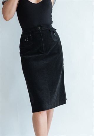VINTAGE 80S MIDI PENCIL CORDUROY SKIRT WITH METALLIC DETAIL
