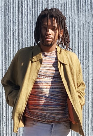 90S MINIMALIST LUXURY GREEN LINEN HARRINGTON BOMBER JACKET