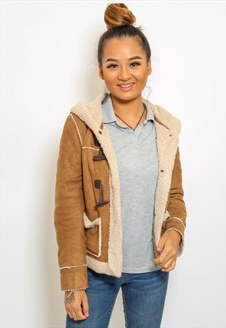 VINTAGE SHEARLING COAT FAUX FUR LINED JACKET IN BROWN SMALL