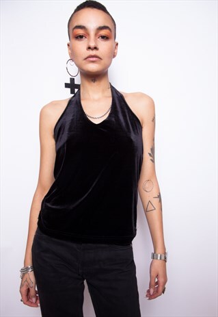 VINTAGE Y2K GRUNGE VELVET HALTER NECK TOP ID:A133