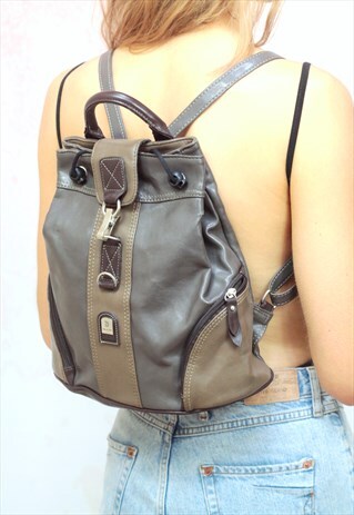 1990S VINTAGE GREY AND BEIGE REAL LEATHER BACKPACK