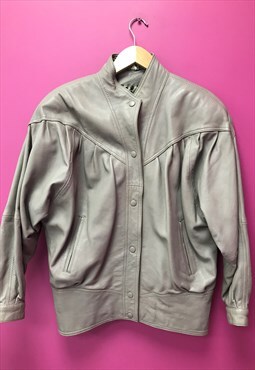 Vintage 80s Biker Jacket Grey Leather Button 