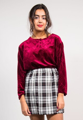 VINTAGE 90'S DARK RED PATTERNED LONG SLEEVE VELVET TOP
