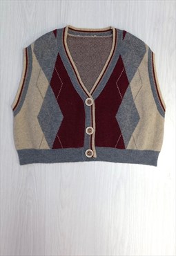 90's Vintage Sweater Vest Beige Red Argyle