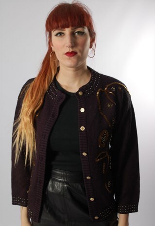 VINTAGE 80S BLACK BEADED AND STUDDED CARDIGAN