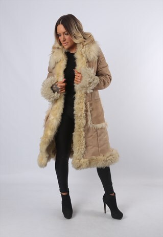 SHEEPSKIN SUEDE SHEARLING AFGHAN COAT LEATHER UK 8 (CK2F)