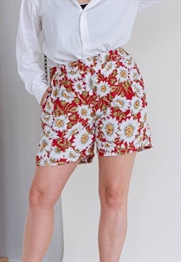 Vintage 90s Hawaii Floral Pattern Red Pocket Midi Shorts XL