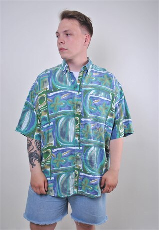 80S ABSTRACT PRINT GREEN RAVE SHIRT, SIZE XL