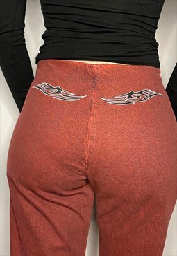 Y2K Deadstock Tribal Tattoo Embroidered Red Wide Leg Jeans 