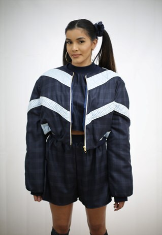 NAVY TARTAN CROPPED BOMBER JACKET