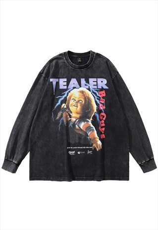 CHUCKY T-SHIRT VINTAGE WASH TOP HORROR MOVIE PRINT LONG TEE
