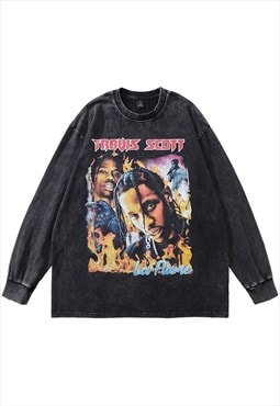 Travis Scott t-shirt vintage wash top rapper print long tee