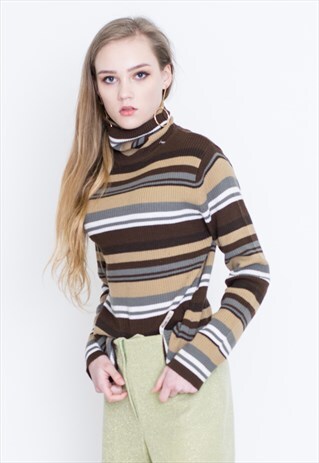 VINTAGE BROWN STRIPED RETRO TURTLE NECK GOLF JUMPER