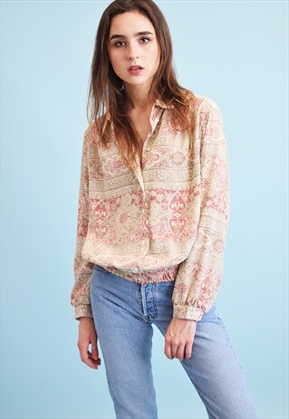 90'S BOHO FESTIVAL ORIENTAL PRINT OVERSIZED BLOUSE SHIRT TOP