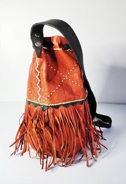 1970s Vintage African Tuareg Bag, Fringe Masai Bucket Bag