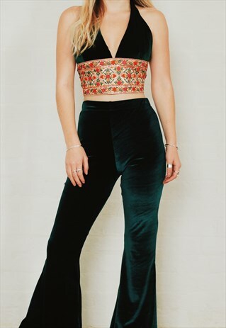 GREEN VELVET CO-ORD SET WITH FLARES AND HALTERNECK