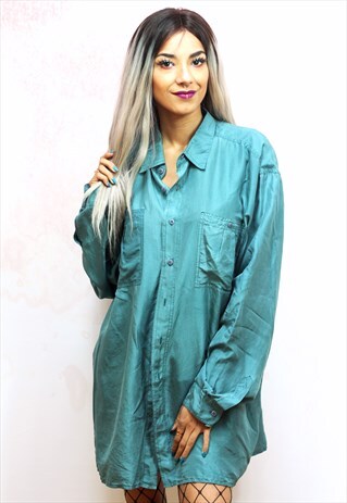 1990S VINTAGE LONG SLEEVE GREEN PURE SILK OVERSIZED SHIRT