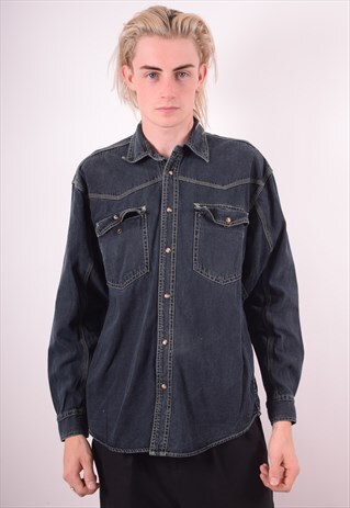 MENS VINTAGE DENIM SHIRT SMALL NAVY BLUE 90S