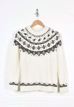 Vintage Knitted Jumper Nordic Retro Pattern White Ladies S