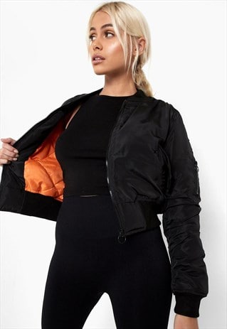 BLACK RUCHED SLEEVE BOMBER JACKET