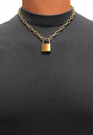 20MM PADLOCK OPEN OVAL STEEL CURB NECKLACE CHAIN - GOLD