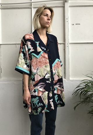 VINTAGE 80' BEAUTIFUL UNIQUE NAVY BLUE LONG SHIRT