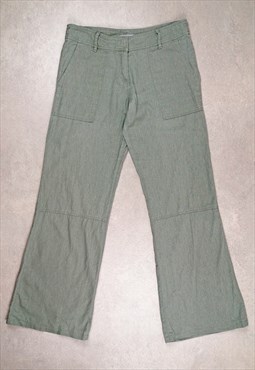Y2K Linen Pants Wide Leg Low Waist Olive Green - size M / 38