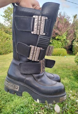 Vintage New Rock Black Leather Boots EU42 Punk Grunge 